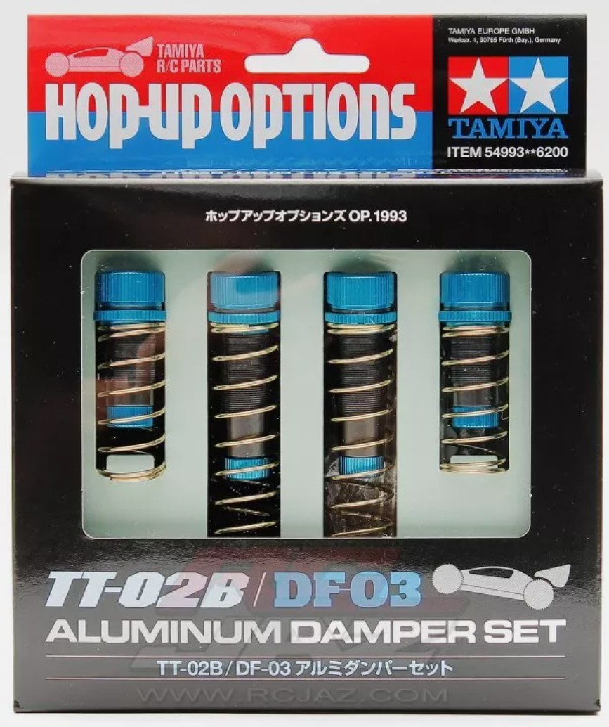 Tamiya TT-02B/DF-03 Aluminum Damper Set in packaging for RC cars, featuring blue and silver components.