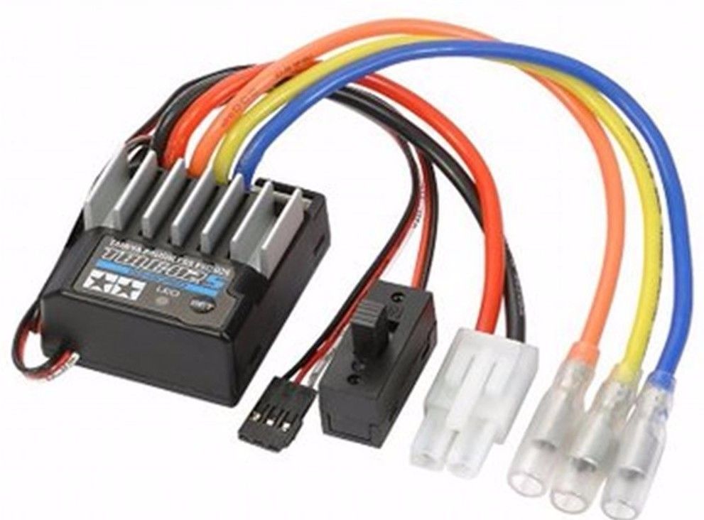 RC car electronic speed controller with colorful wires and connectors.