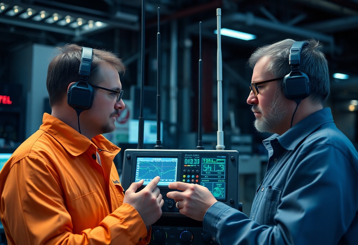 Engineers in headphones discussing data on a monitor in a technology lab.