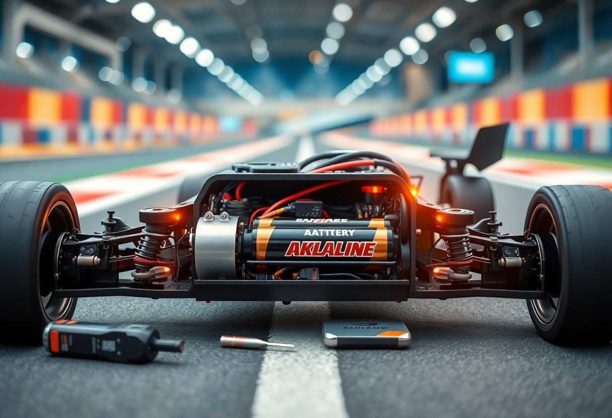 RC car chassis on a racetrack with an exposed battery and tools nearby, highlighting technical components.