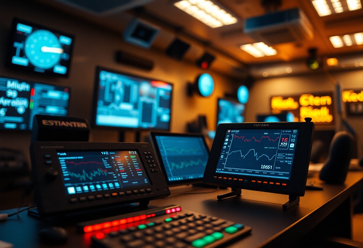 Dimly lit control room with multiple screens displaying graphs and data, indicating a financial or trading environment.