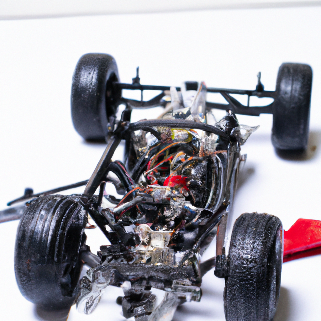 Close-up of a detailed model car engine and chassis on a white background.