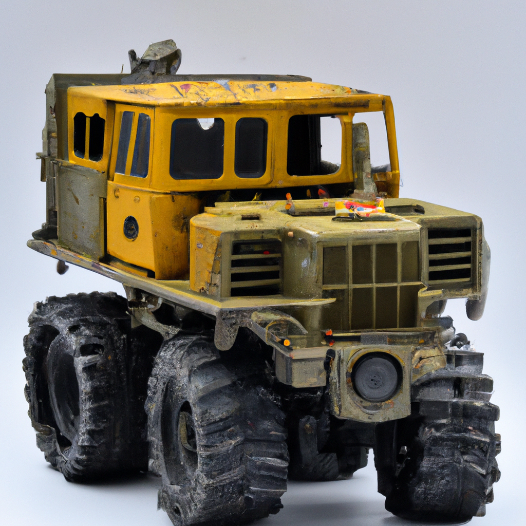 Yellow vintage toy truck with large muddy wheels on a light background.