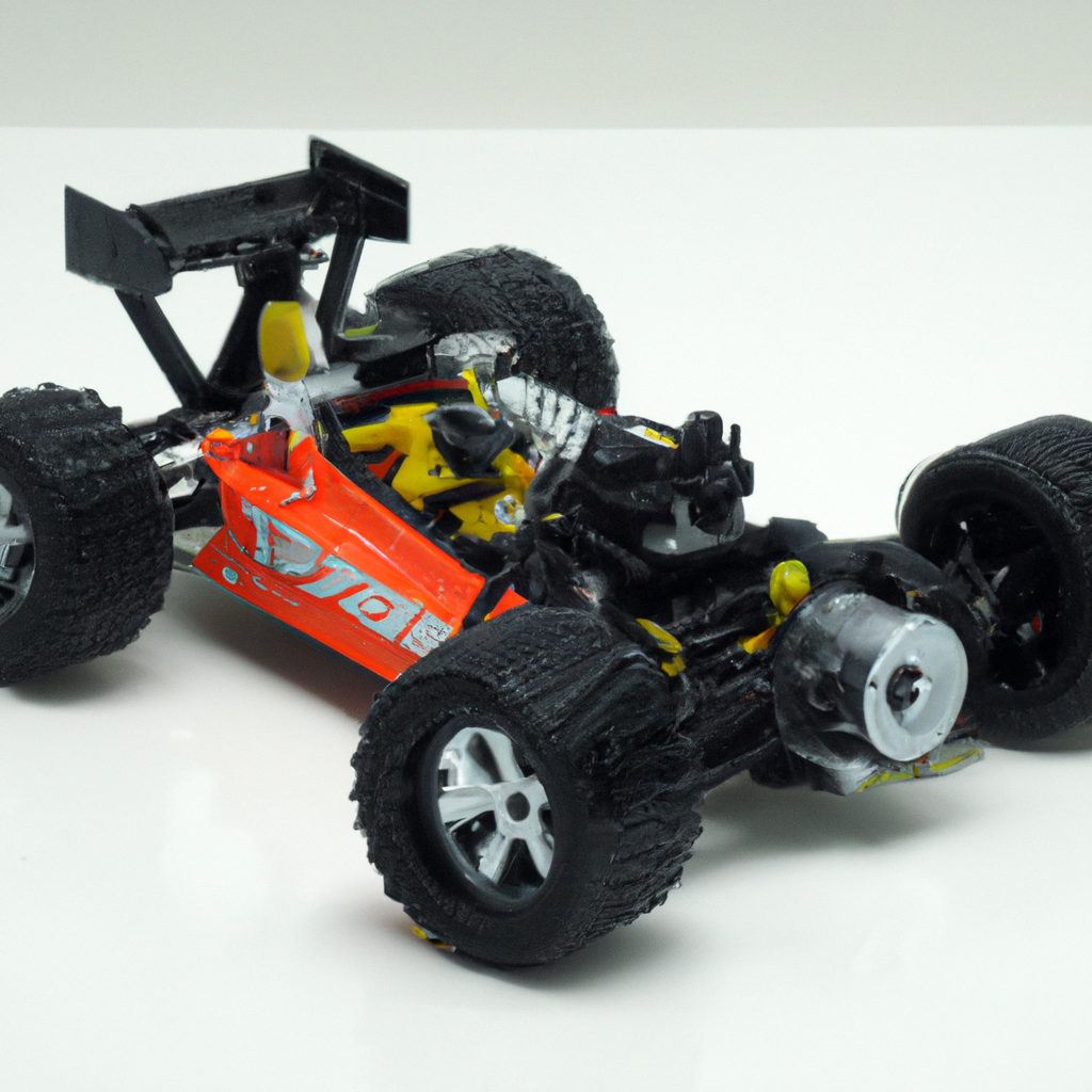 Red remote control racing car on white background, showcasing detailed design and rugged tires.