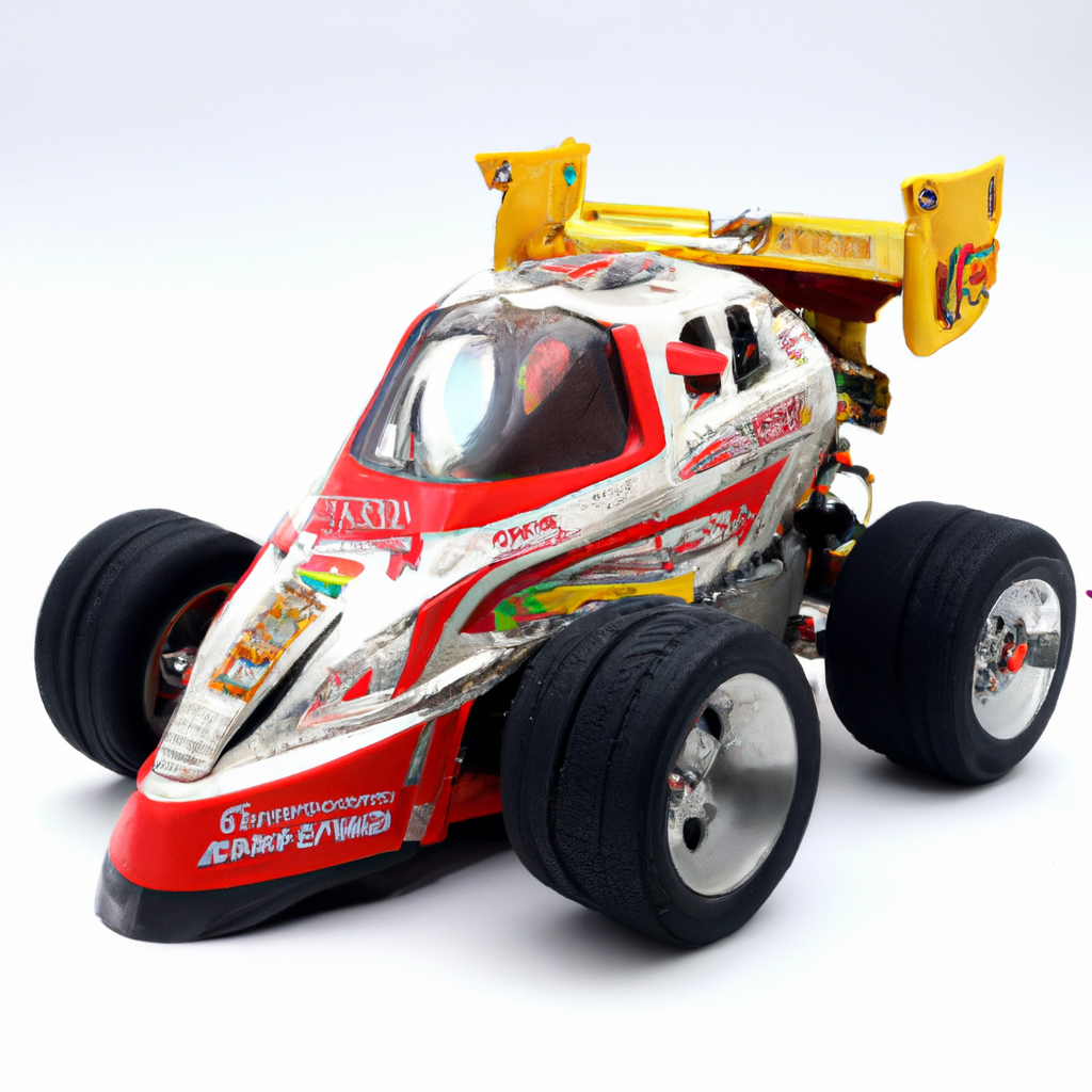 Red and white toy race car with large wheels and yellow spoiler on a white background.