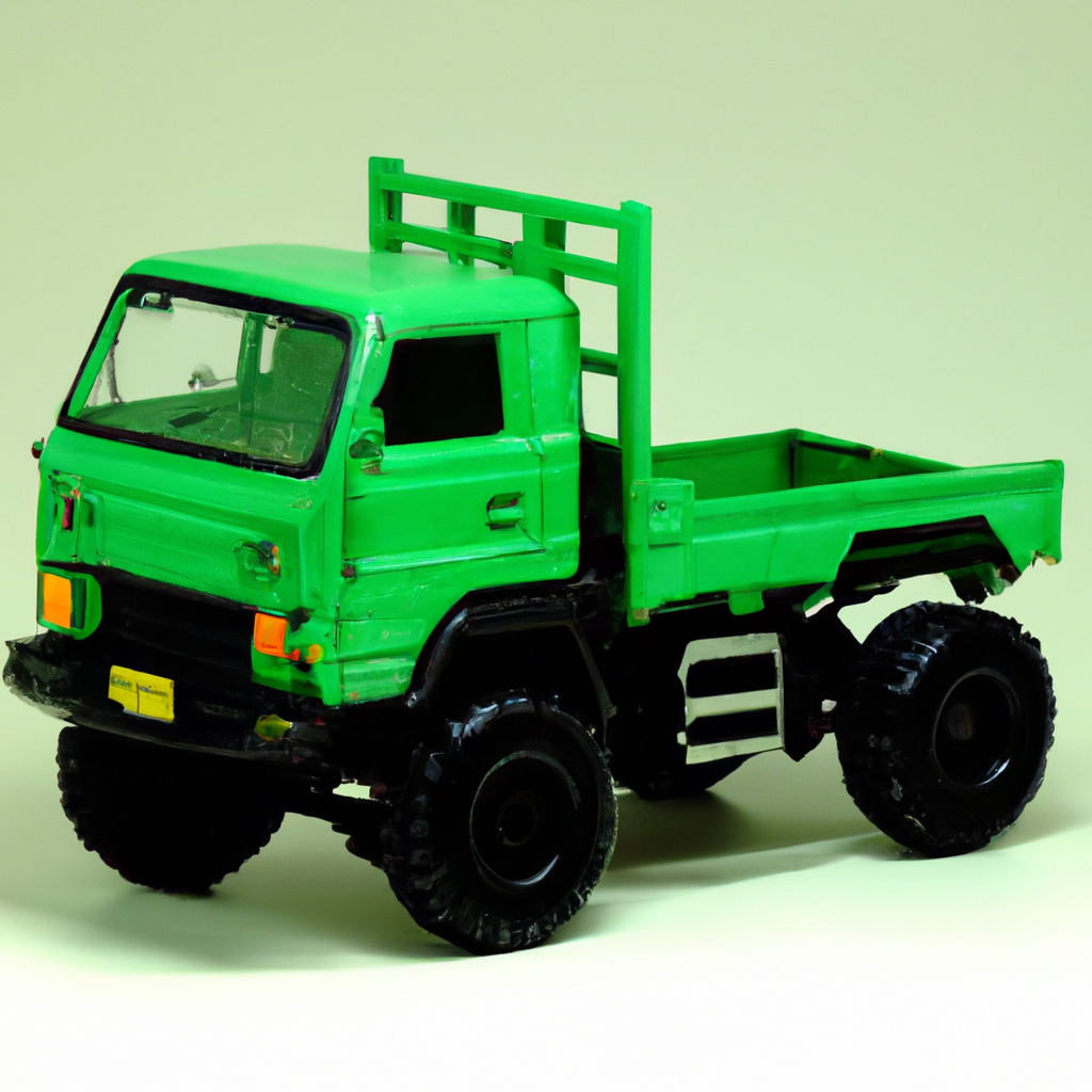 Bright green toy truck with rugged tires and open bed against a plain background.