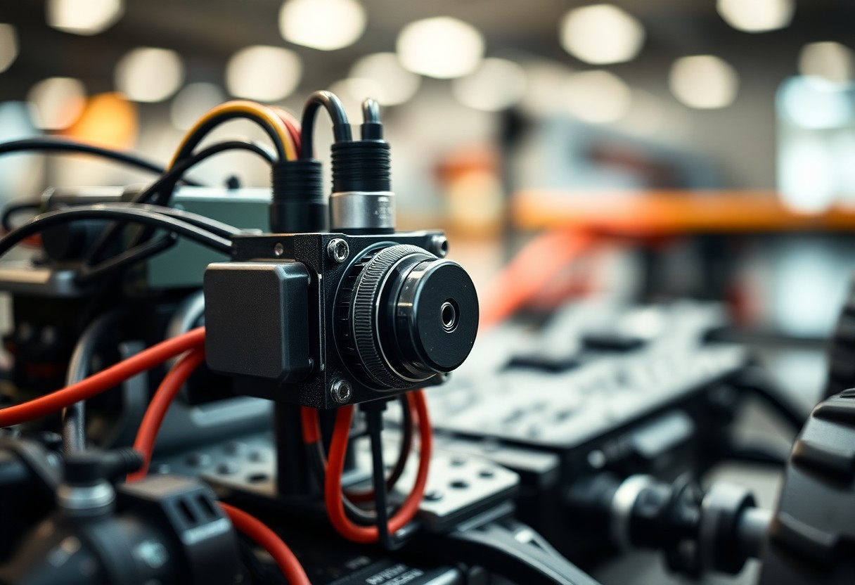 Close-up of a camera lens with cables in a blurred tech setting, highlighting advanced electronic equipment.