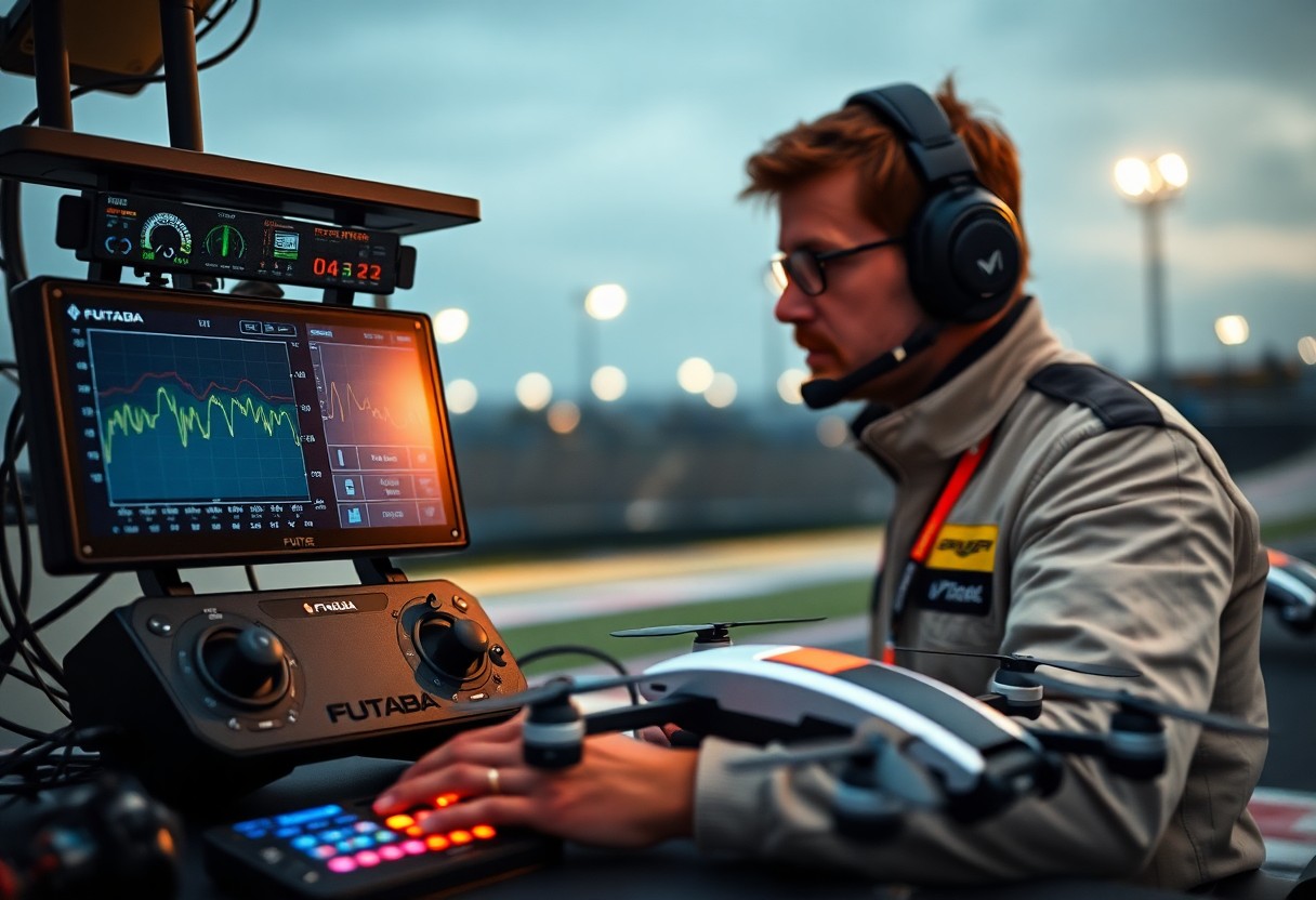 Technician using drone controls and monitoring systems outdoors during an event.