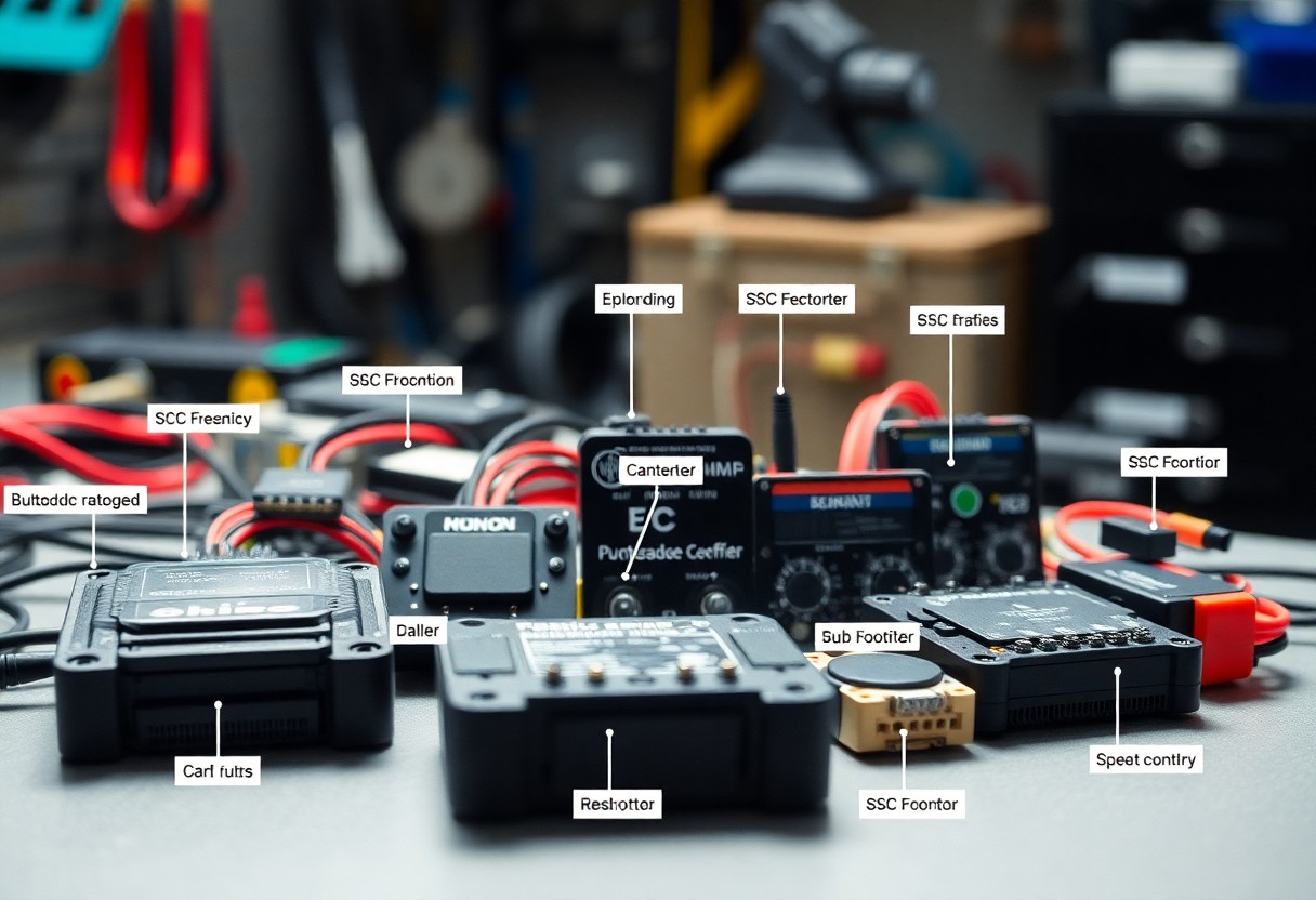 Electronics components with cables and labels on a workbench in a workshop setting.