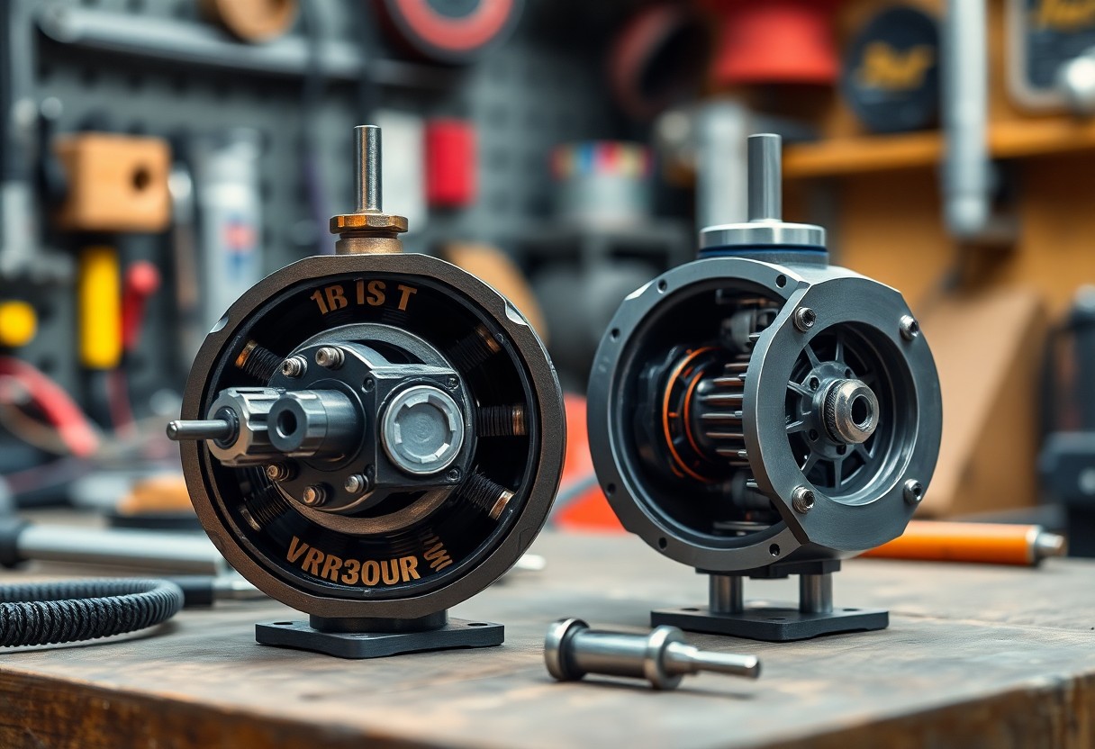 Two mechanical couplings on a workbench in a workshop setting, with blurred tools in the background.