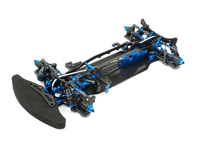 RC car chassis with blue and black components, showcasing detailed engineering and lightweight design.