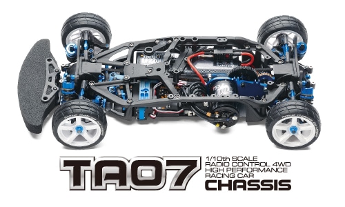 RC Car TA07 Chassis, 1/10 Scale, 4WD, High-Performance Racing Car Design with Detailed Components.