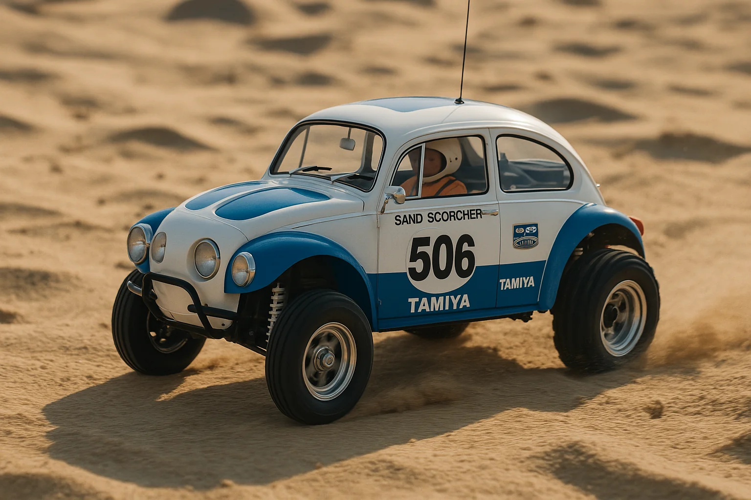 RC car racing on sandy terrain, Tamiya Sand Scorcher model, blue and white design, numbered 506.