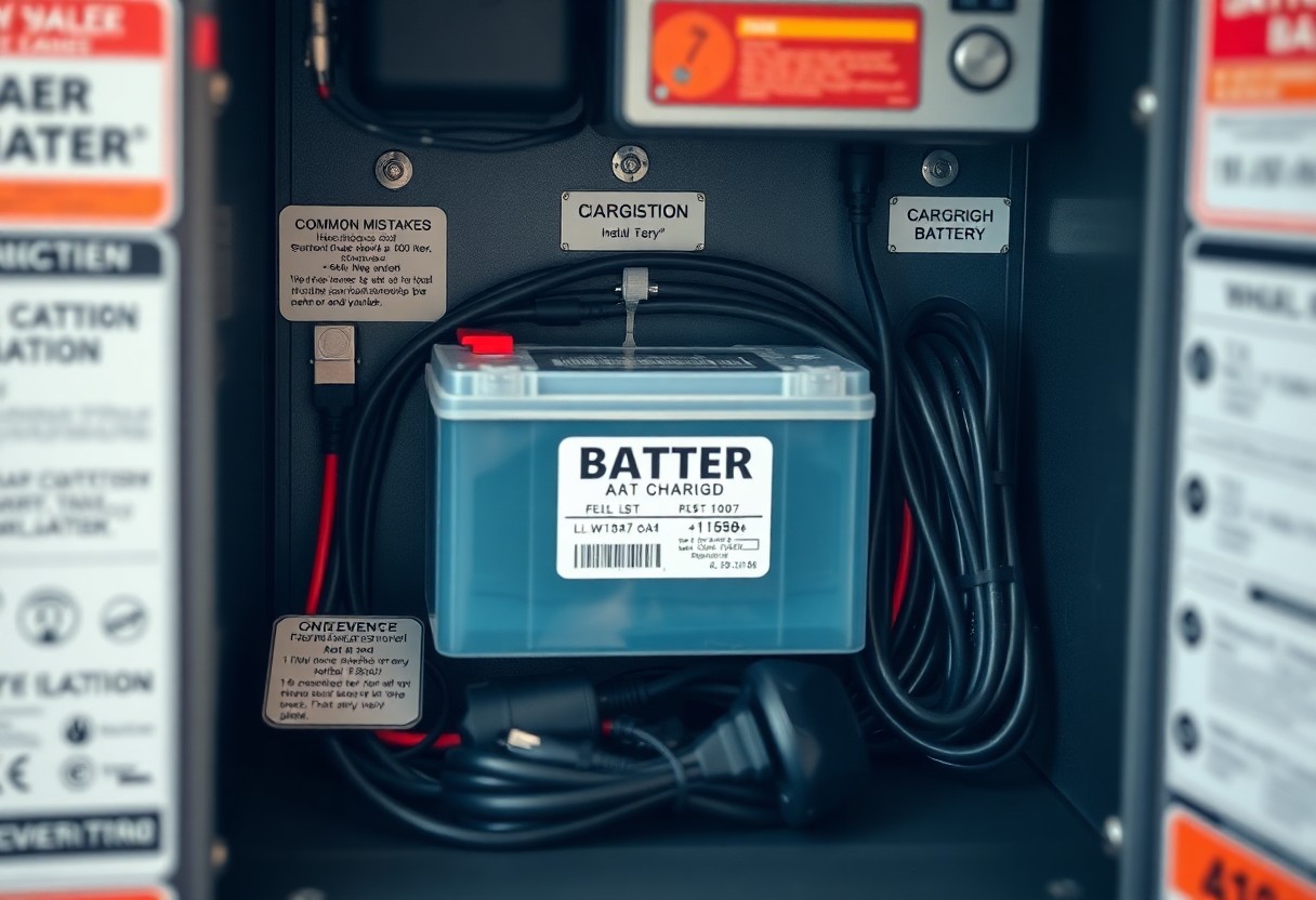 Close-up of a battery charger with attached cables and various warning labels inside a machine compartment.