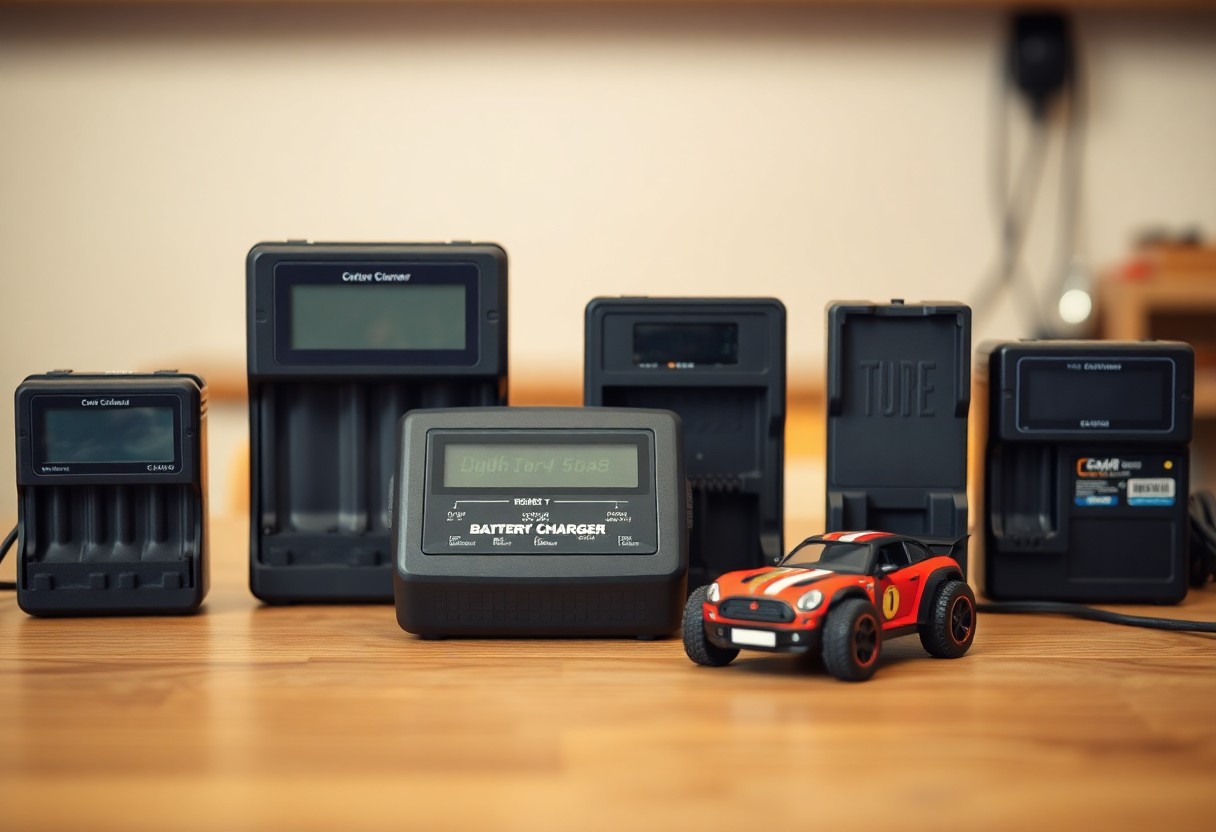 Battery chargers with a mini car on a wooden table, showcasing electronic devices variety.