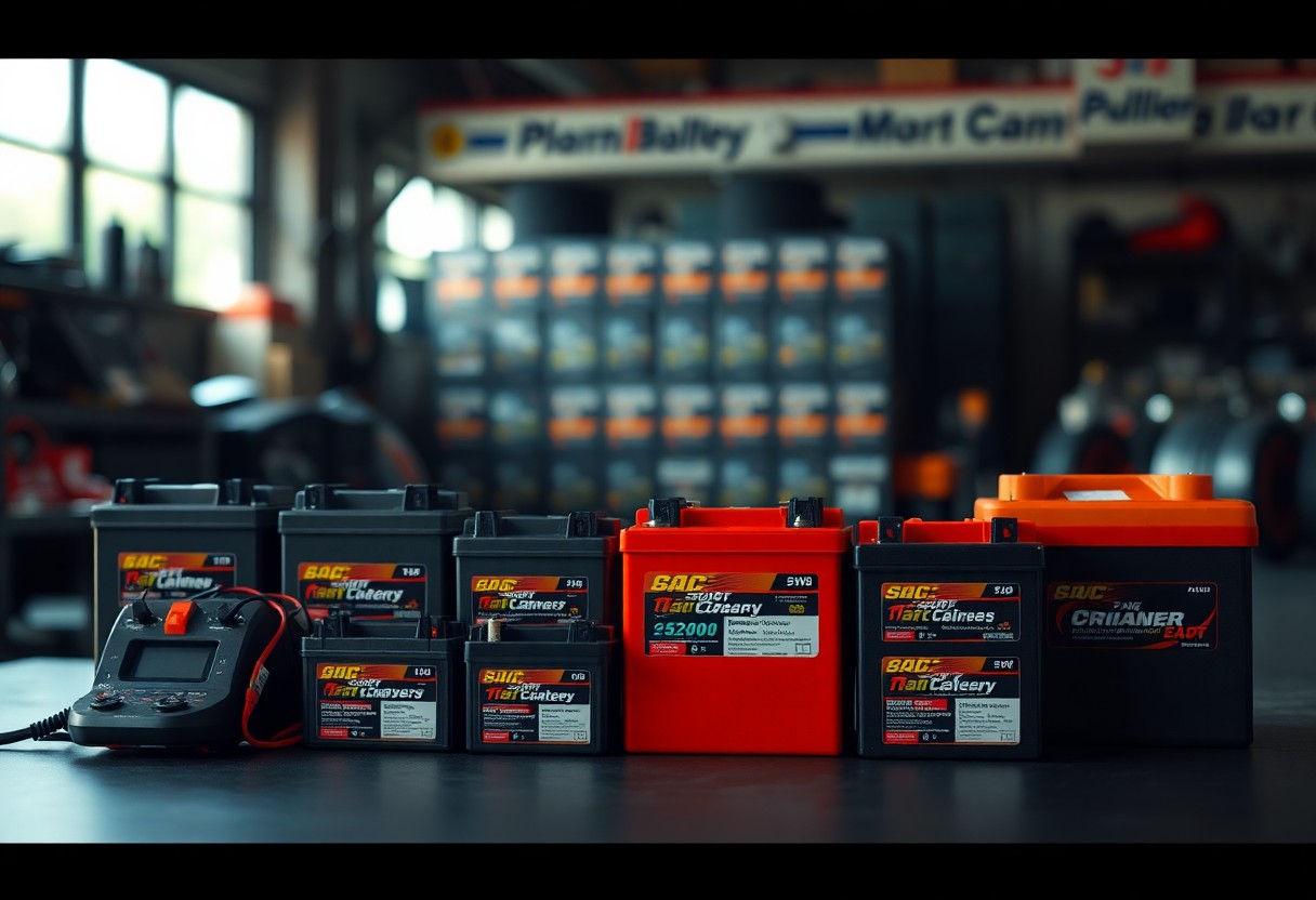 Various motorcycle batteries and a digital battery charger displayed on a workbench in a workshop setting.