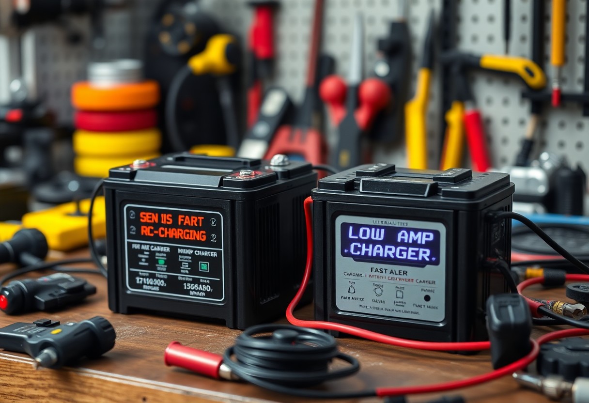 Battery chargers on a workbench in a garage, surrounded by tools and charging cables.