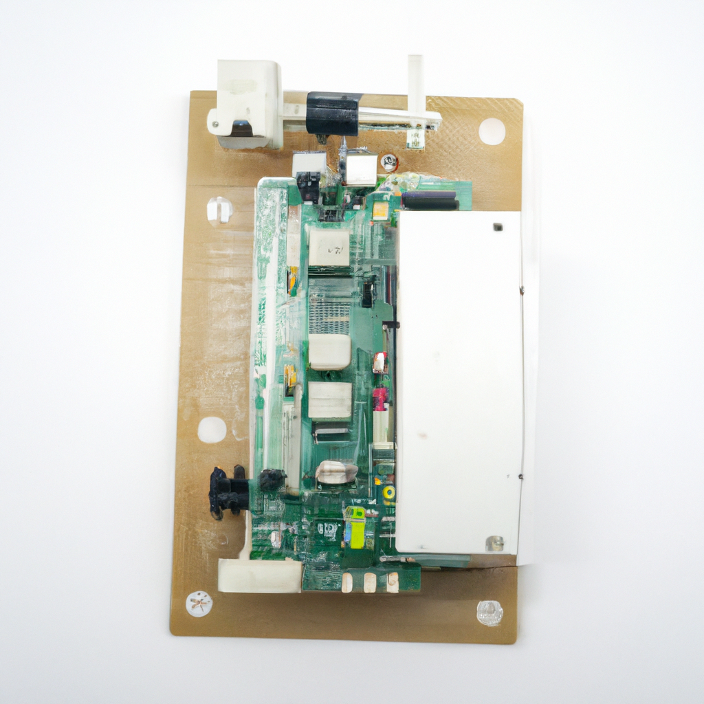 Circuit board with electronic components mounted on a beige panel, showcasing intricate technology design.