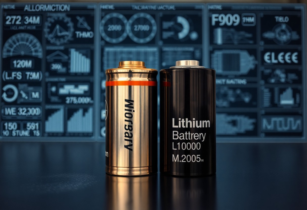Two batteries, one labeled Niobary and the other Lithium, with data screens in the background.