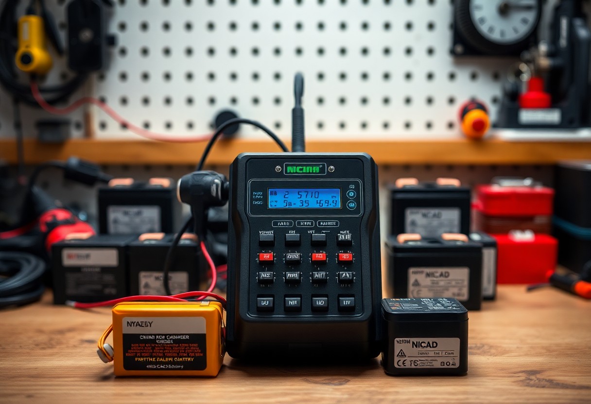 Battery charger on a workbench with various batteries in the background.