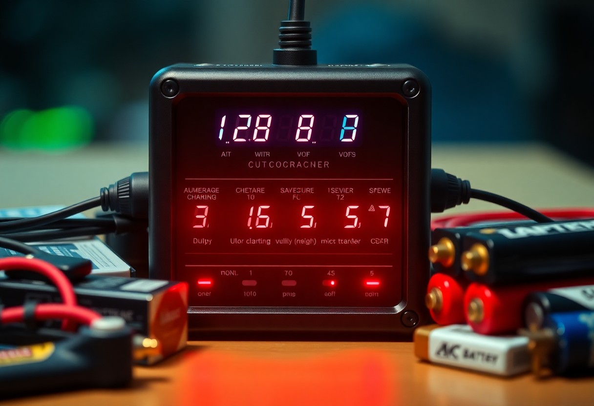 Digital device displaying numbers, surrounded by cables and batteries on a table.