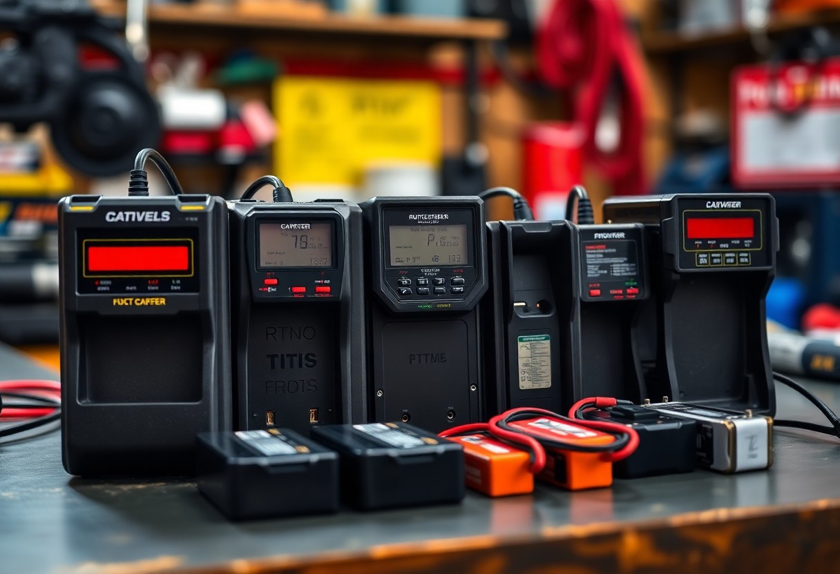 Assorted electronic testing equipment on a workshop table, showcasing various digital measurement devices.