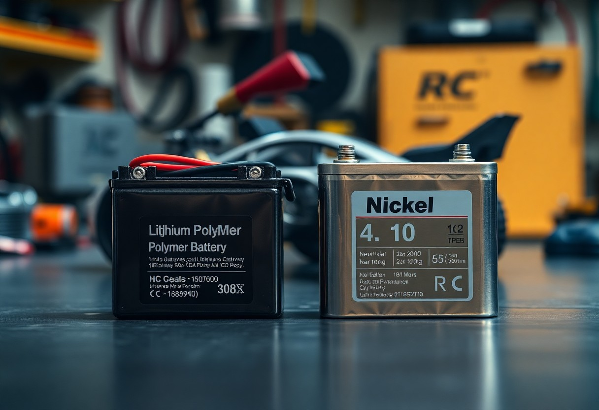 Lithium polymer and nickel batteries on a workbench, showcasing advanced power storage options.