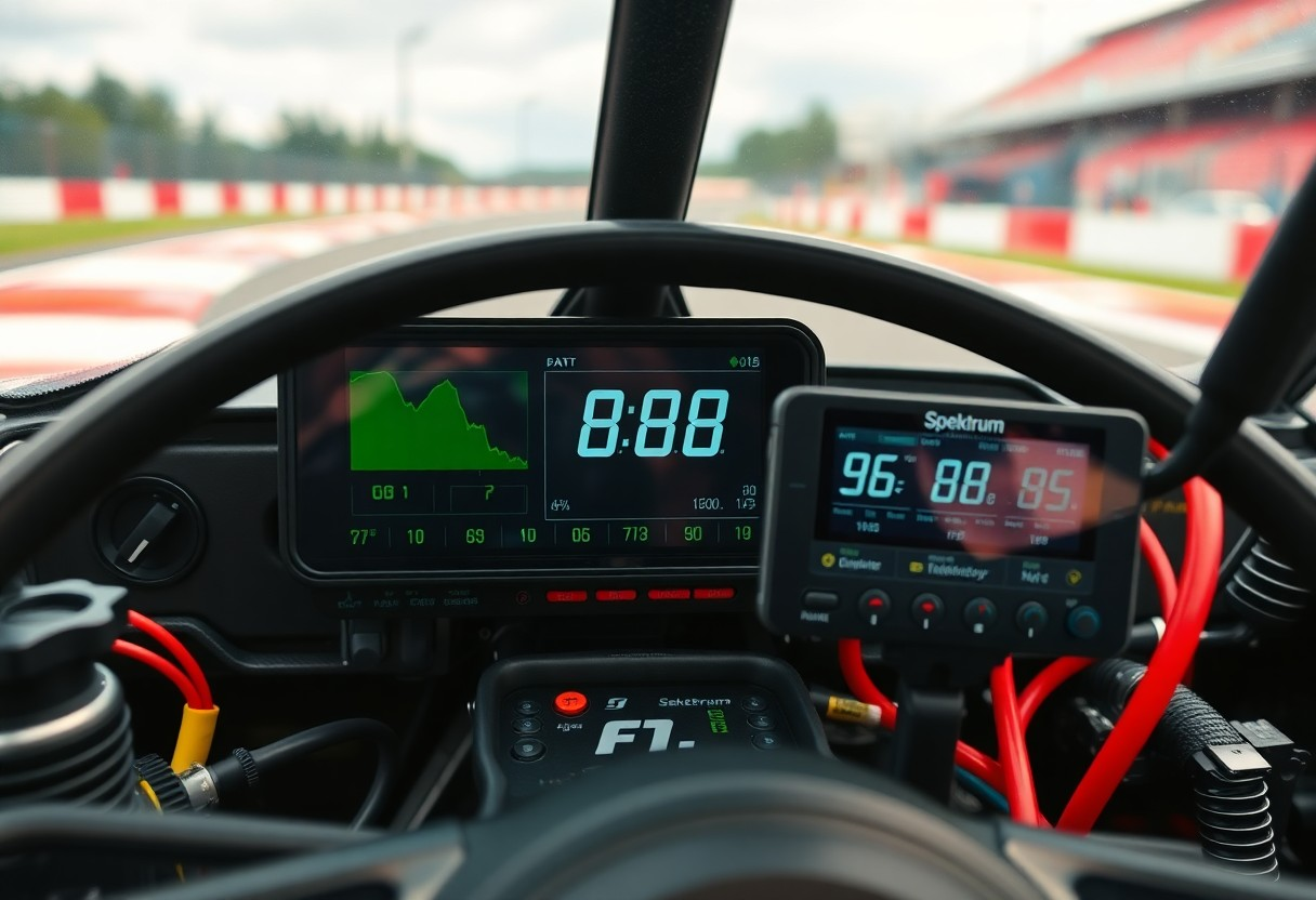 Race car dashboard with digital gauges and tech displays on a racing track background.