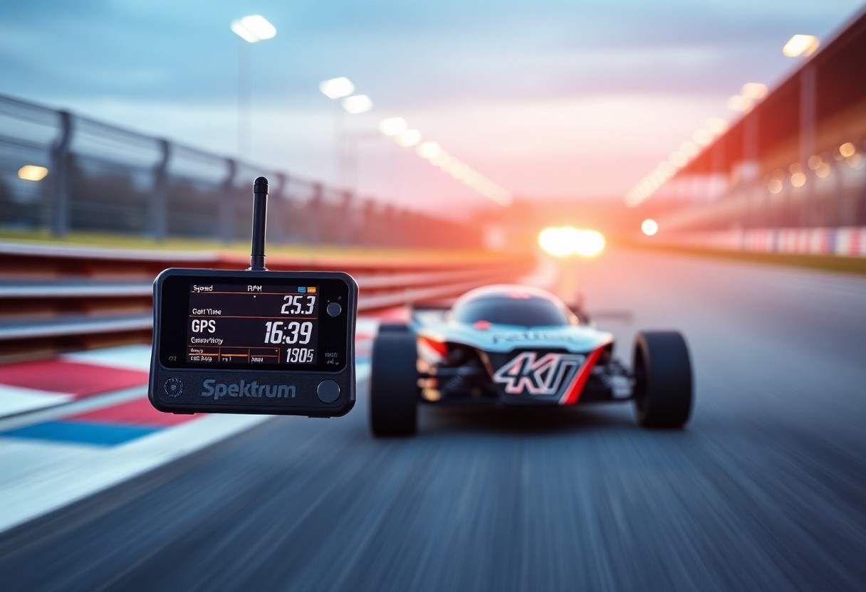 High-speed racing car on track with digital telemetry display showing stats at sunset.